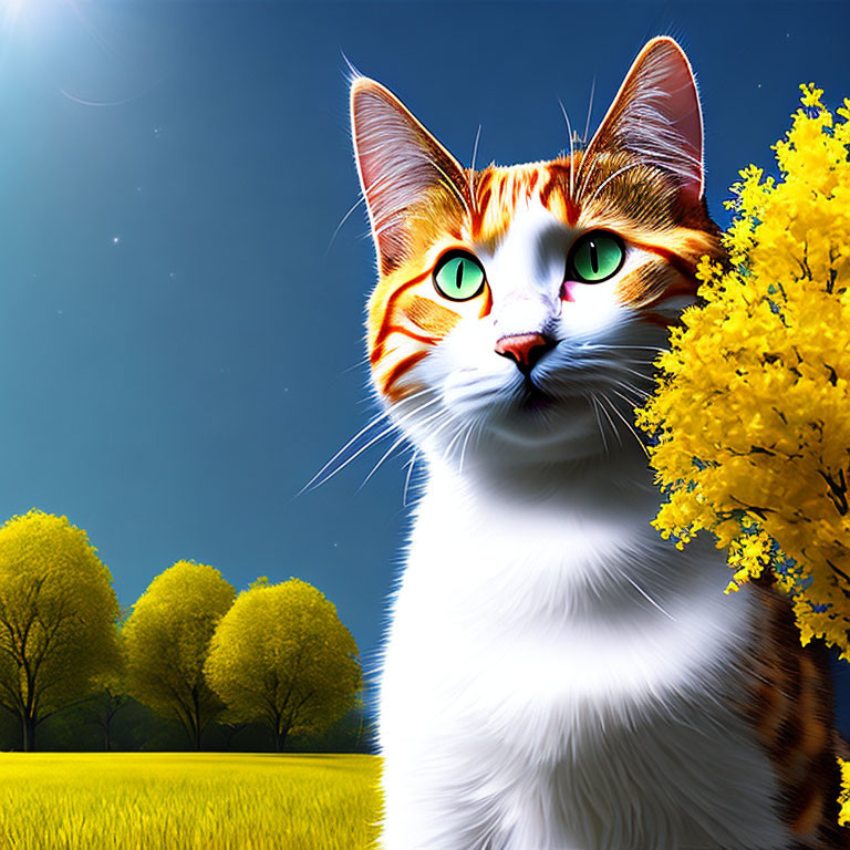 Orange and White Cat with Green Eyes in Vibrant Field and Starry Sky