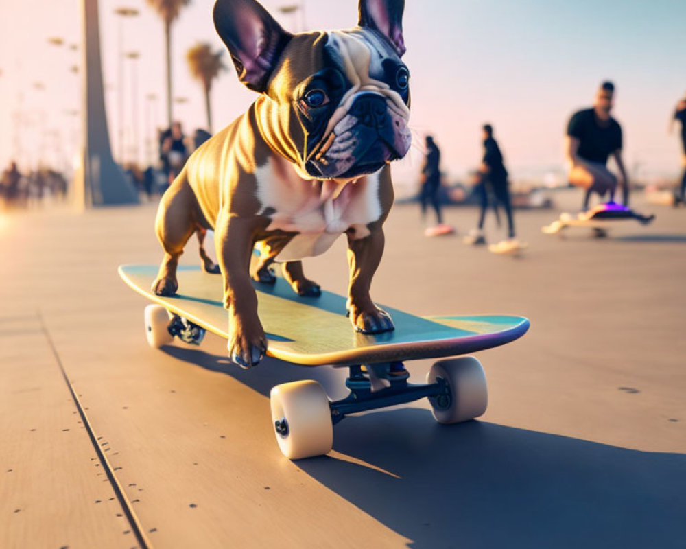 French Bulldog Skateboarding on Sunset Promenade with Blurred People