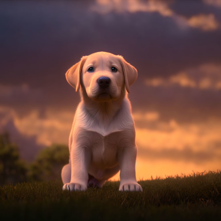 Yellow Labrador Puppy Sitting on Grass at Dusk Sky
