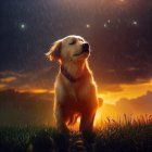 Yellow Labrador Puppy Sitting on Grass at Dusk Sky