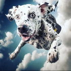 Dalmatian jumping in sky with collar and leash, tongue out