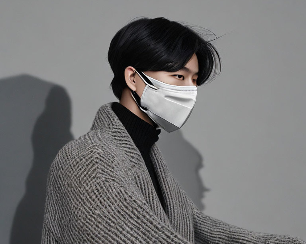 Dark-Haired Person in Gray Sweater and White Face Mask on Gray Background