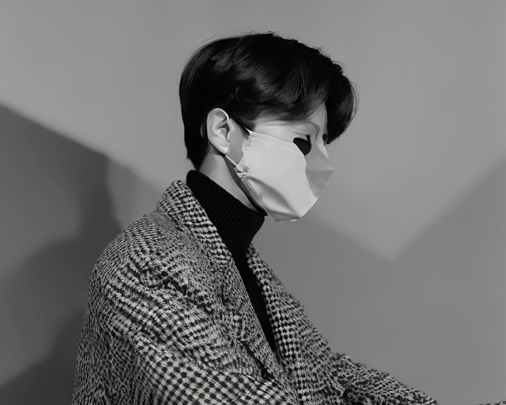 Side profile view of person in houndstooth jacket and face mask against dramatic light and shadow backdrop