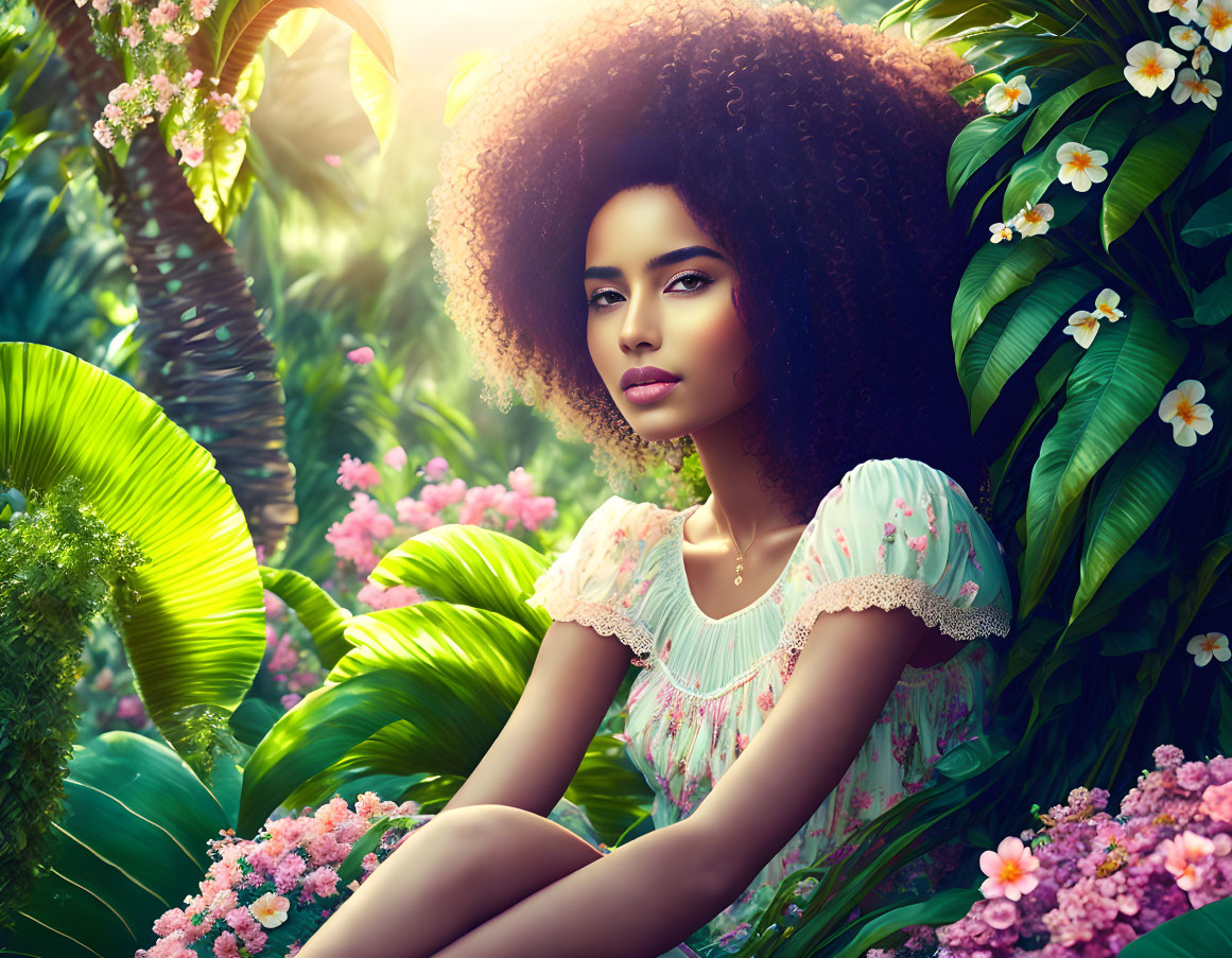 Woman with Voluminous Curly Hair in Lush Greenery and Flowers