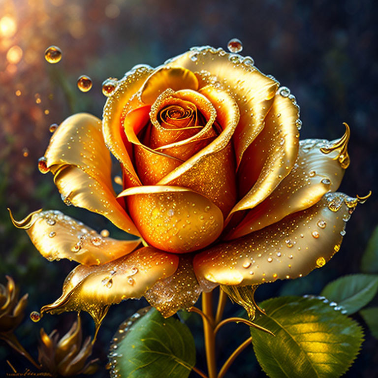 Golden Rose with Dewdrops on Petals Against Bokeh Background