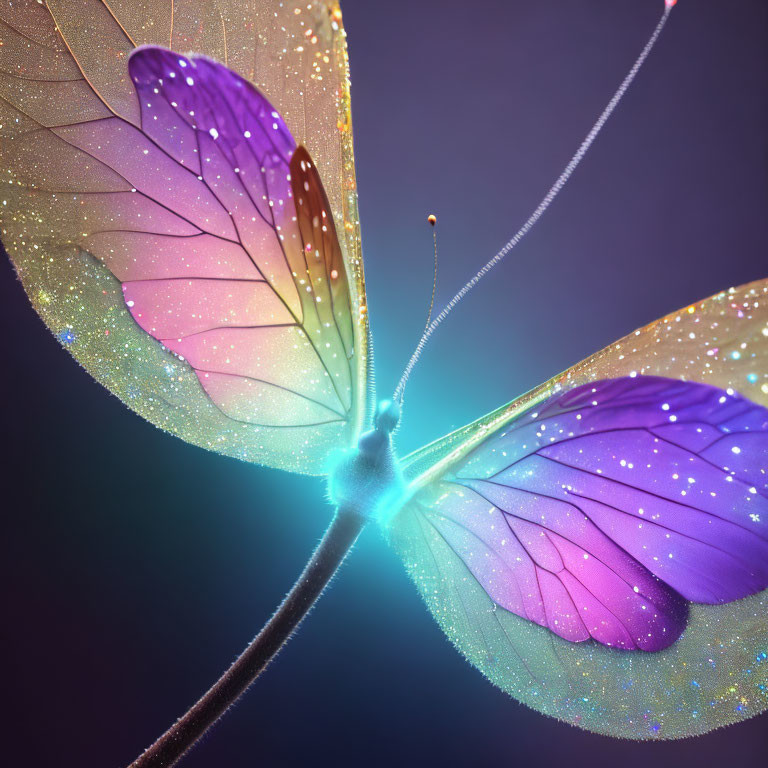 Colorful Digital Butterfly with Sparkling Translucent Wings on Dark Background
