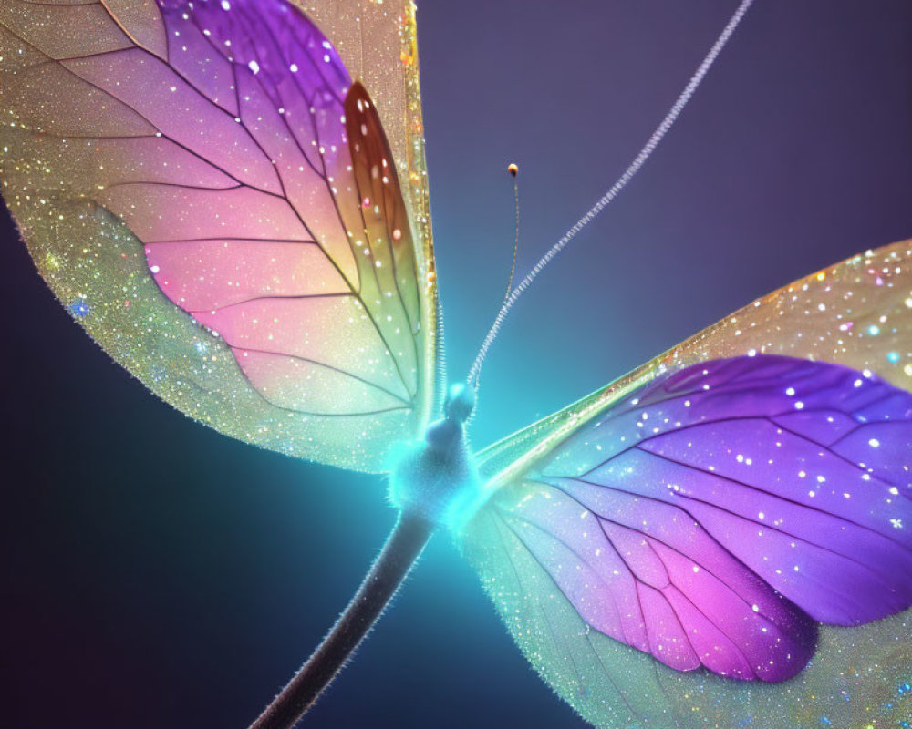 Colorful Digital Butterfly with Sparkling Translucent Wings on Dark Background