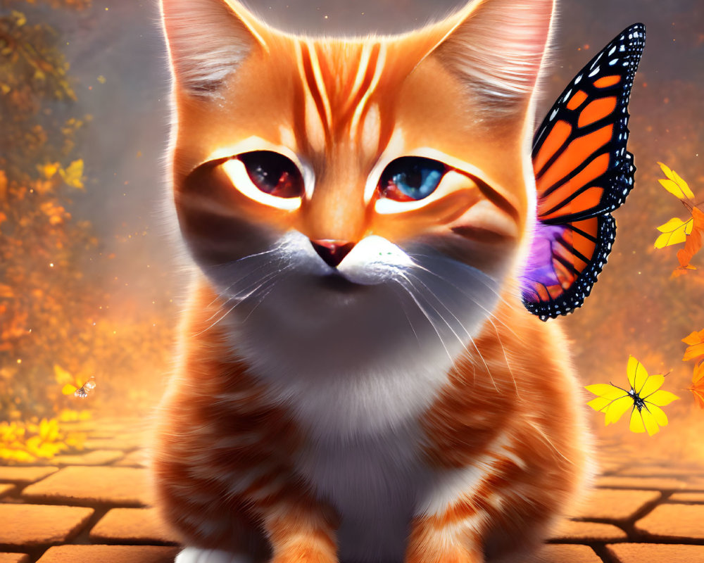 Orange Tabby Kitten with Blue Eyes and Monarch Butterfly on Ear in Autumn Setting