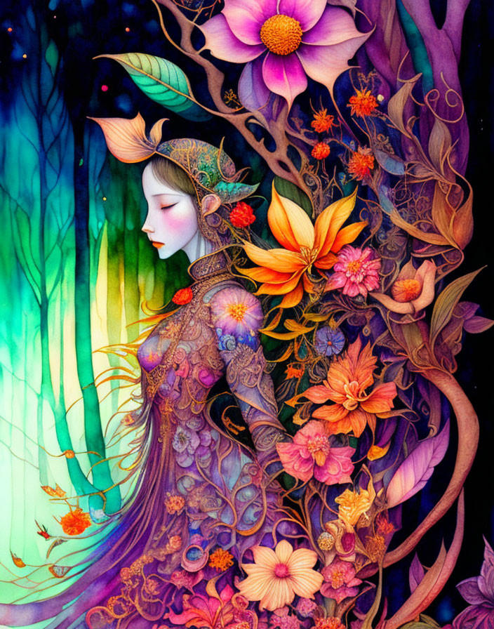 Vibrant woman with floral patterns in mystical forest