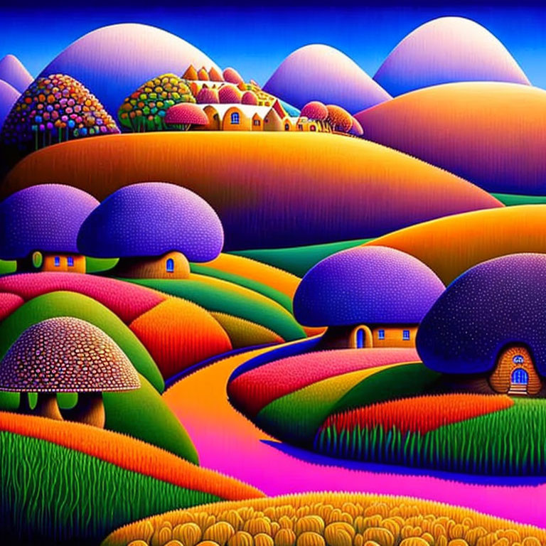 Colorful Stylized Landscape with Rolling Hills and Whimsical Trees