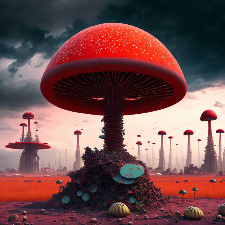 Surreal landscape with giant red-capped mushrooms in red field