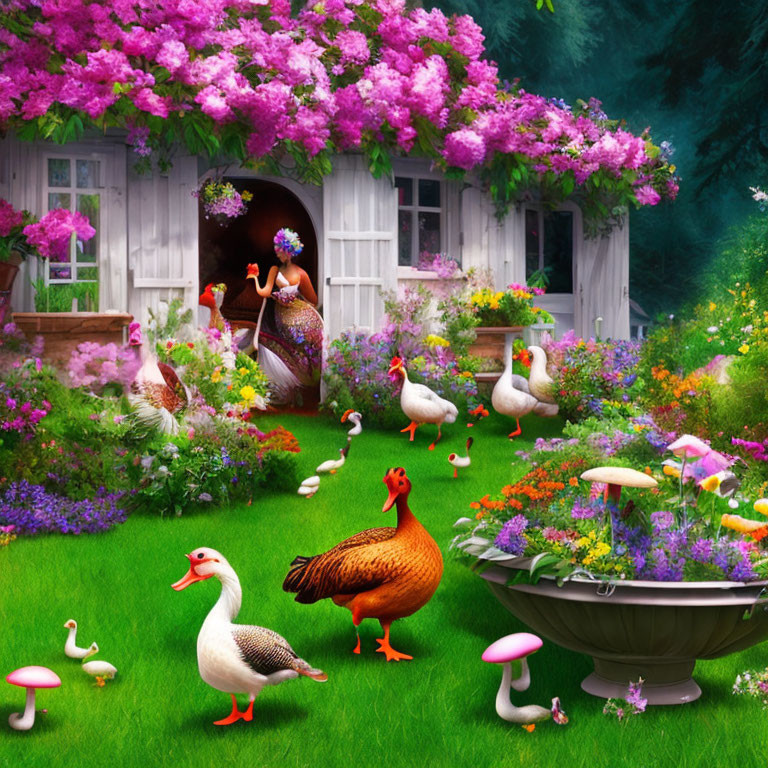 Colorful garden scene with ducks, flowers, woman under pink blossoms