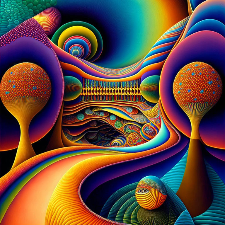 Colorful Psychedelic Artwork: Swirling Patterns, Dotted Spheres, and Curving