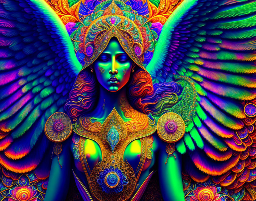Colorful Psychedelic Figure with Elaborate Headgear and Wings