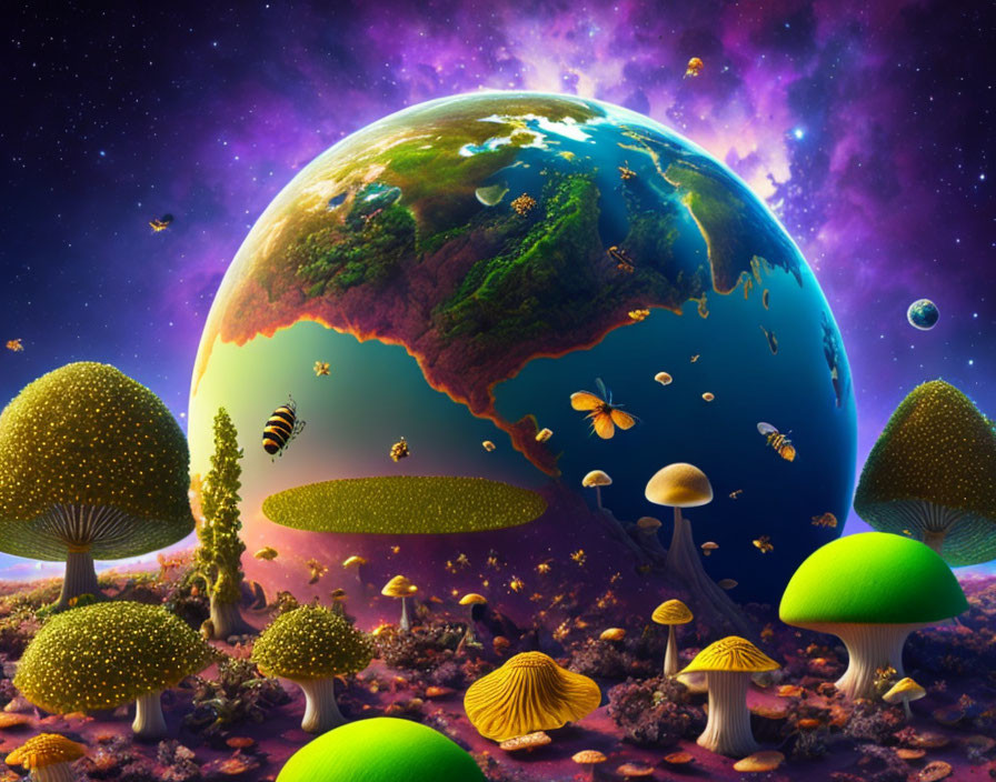 Fantasy landscape with oversized mushrooms, butterflies, and colorful planet.