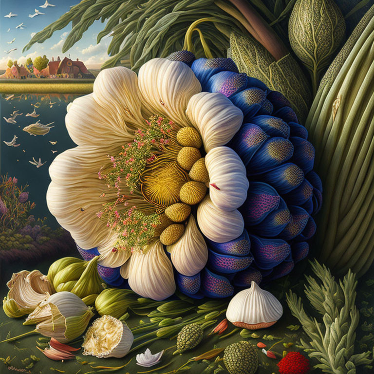 Surreal painting of giant vegetable flower with scenic landscape