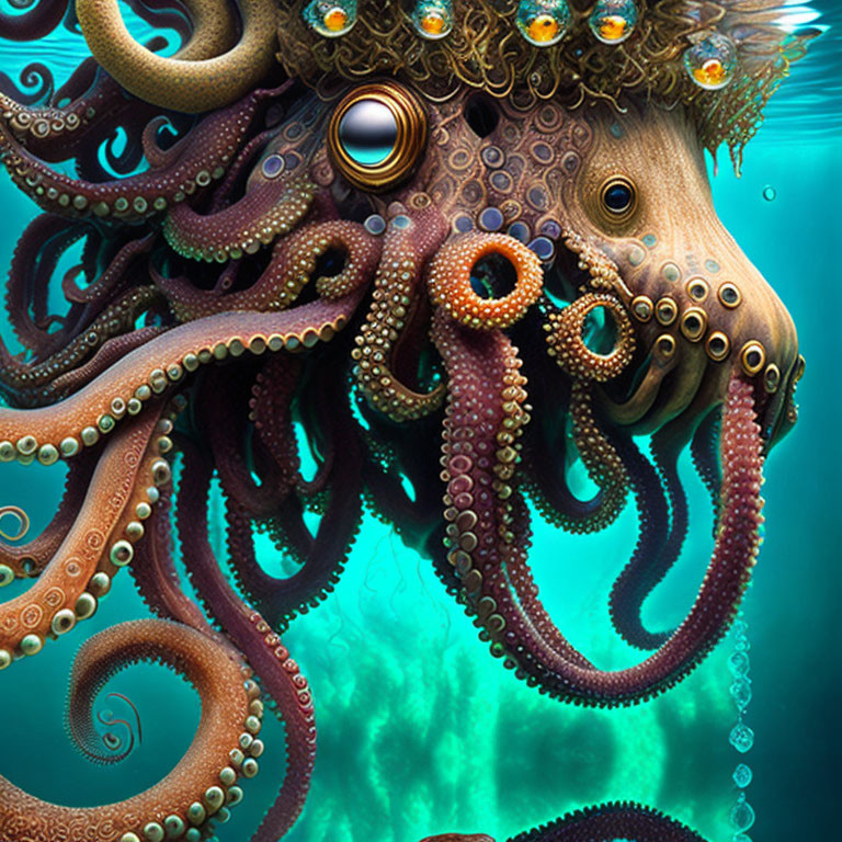 Surreal octopus with intricate textures and swirling tentacles in teal underwater scene
