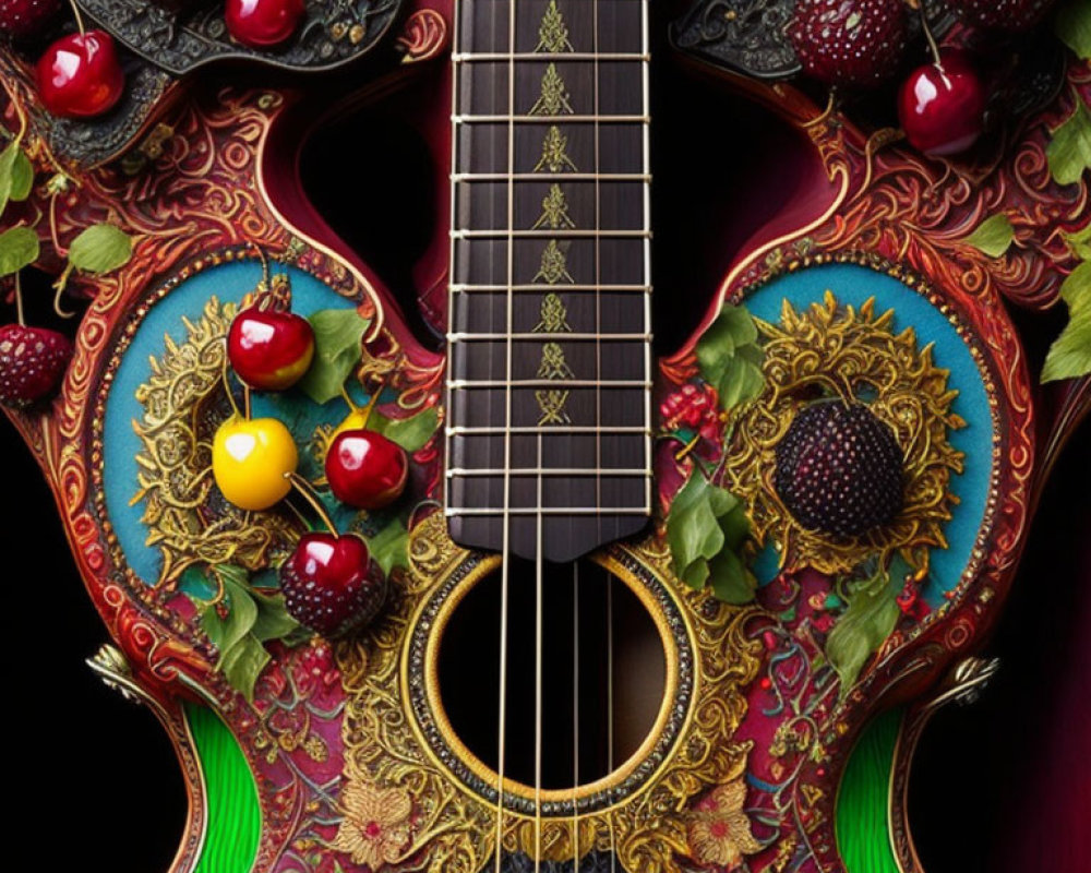 Colorful Decorative Guitar with Fruit Motifs on Dark Background