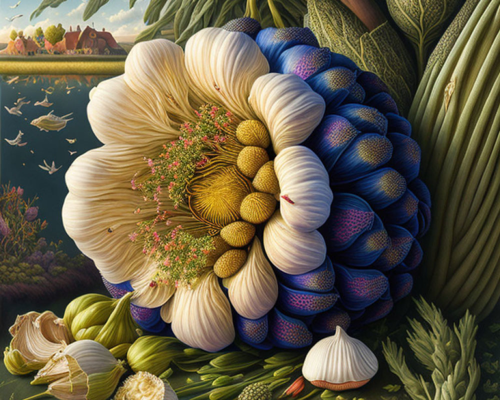 Surreal painting of giant vegetable flower with scenic landscape