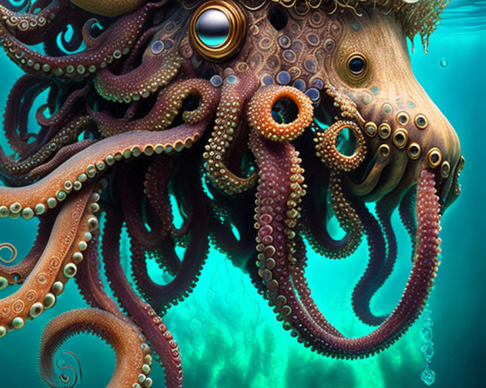 Surreal octopus with intricate textures and swirling tentacles in teal underwater scene