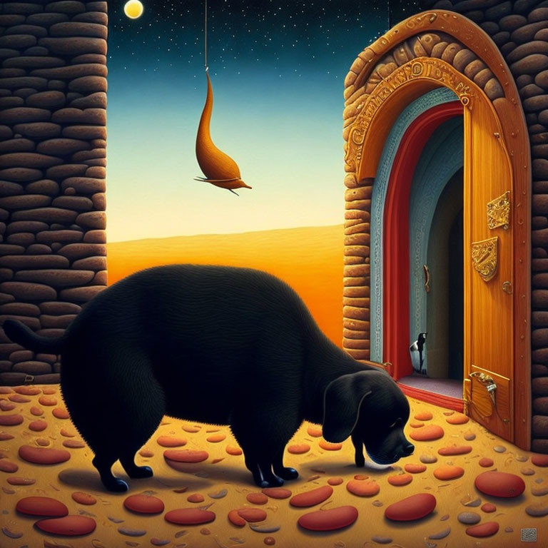 Surreal painting featuring black dog, footprints, hanging pear, arched door, starry