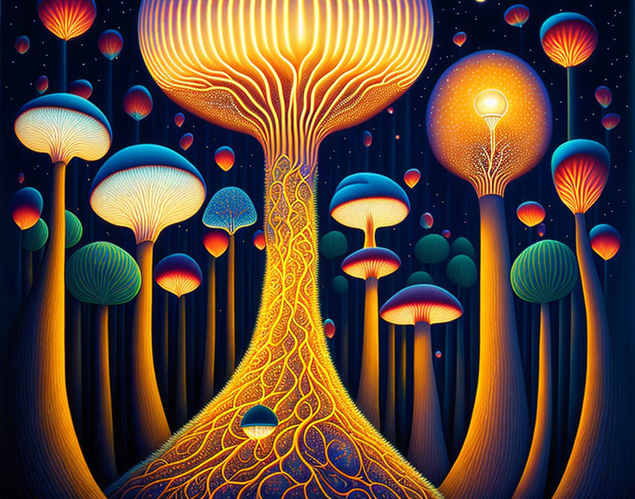 Surreal artwork: Glowing mushroom caps in starry forest