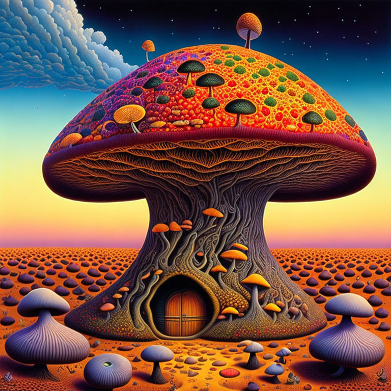 Colorful Mushroom-Shaped House Illustration with Sunset Sky
