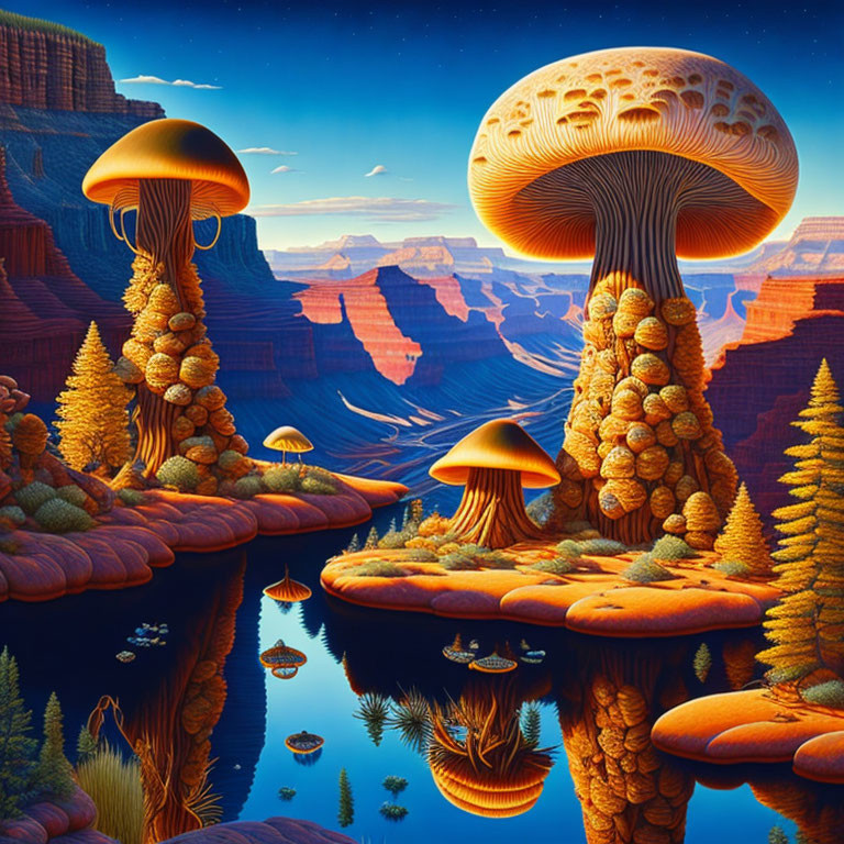 Surreal landscape with oversized mushroom trees in canyon setting