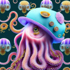 Illustrated octopus with hat and jellyfish backdrop.