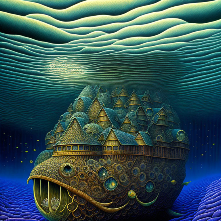 Fantastical fish-shaped structure in ornate underwater scene