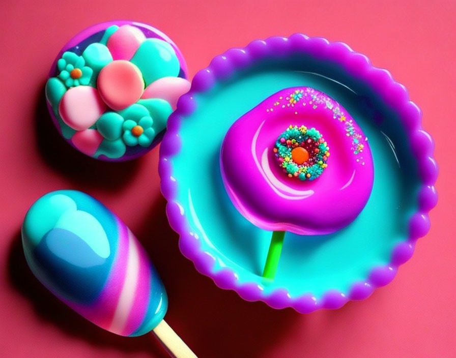 Vibrant Pink and Blue Candy and Desserts on Pink Background