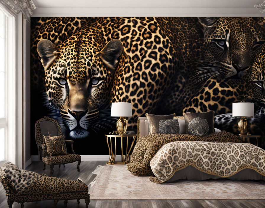 Luxurious Bedroom with Leopard Print Theme and Wall Mural