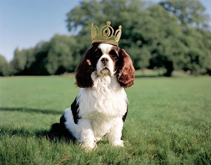 Cavalier King Charles Spaniel with golden crown in grassy setting