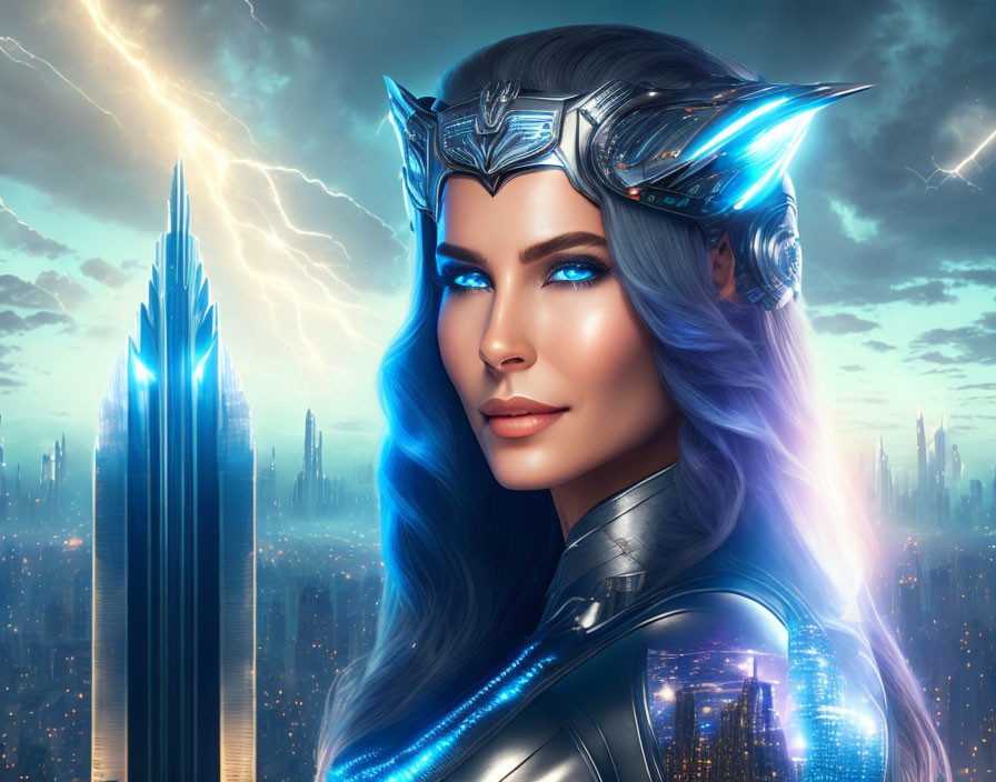 Digital artwork: Woman with blue hair and silver armor in futuristic cityscape with lightning.