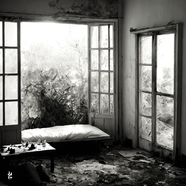 Desolate room with open windows, bare mattress, debris, and overgrown foliage.