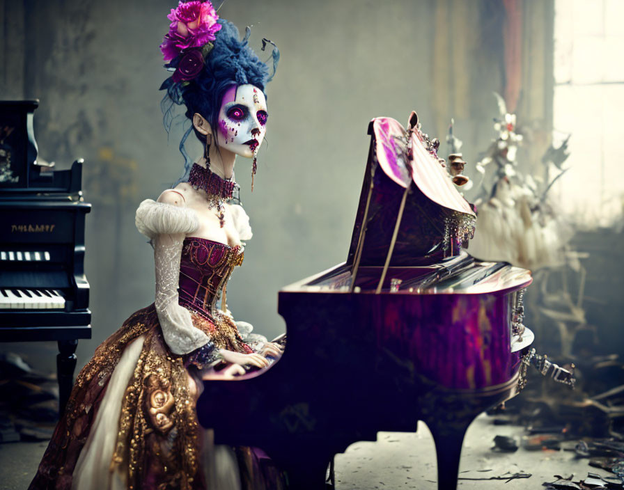 Elaborate Gothic-style costume person by grand piano in dimly lit room