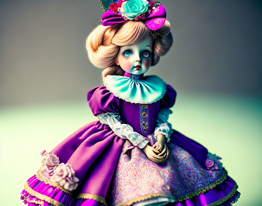 Victorian-style porcelain doll in purple dress with blue eyes and pink hair bow
