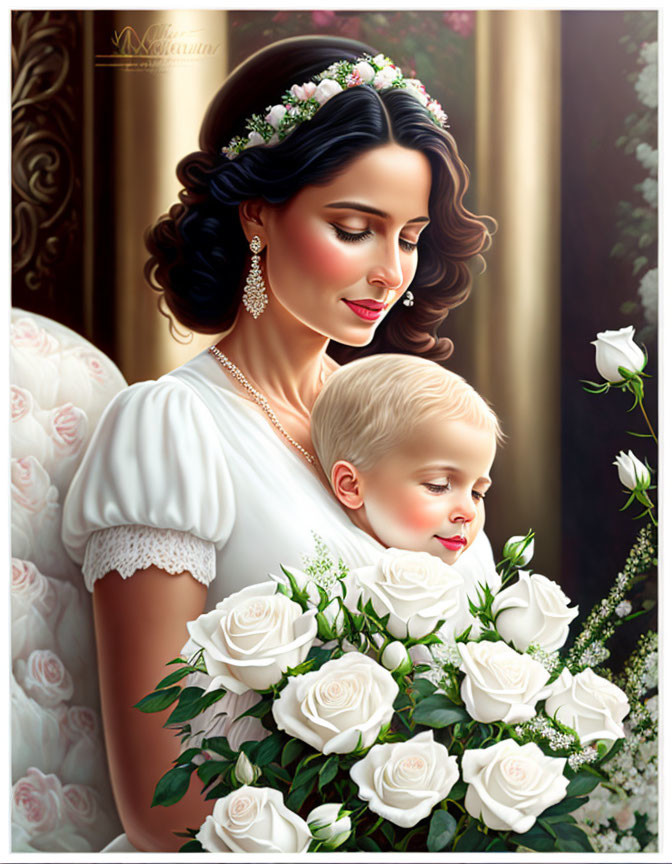 Elegant woman with floral headpiece and child in vintage setting