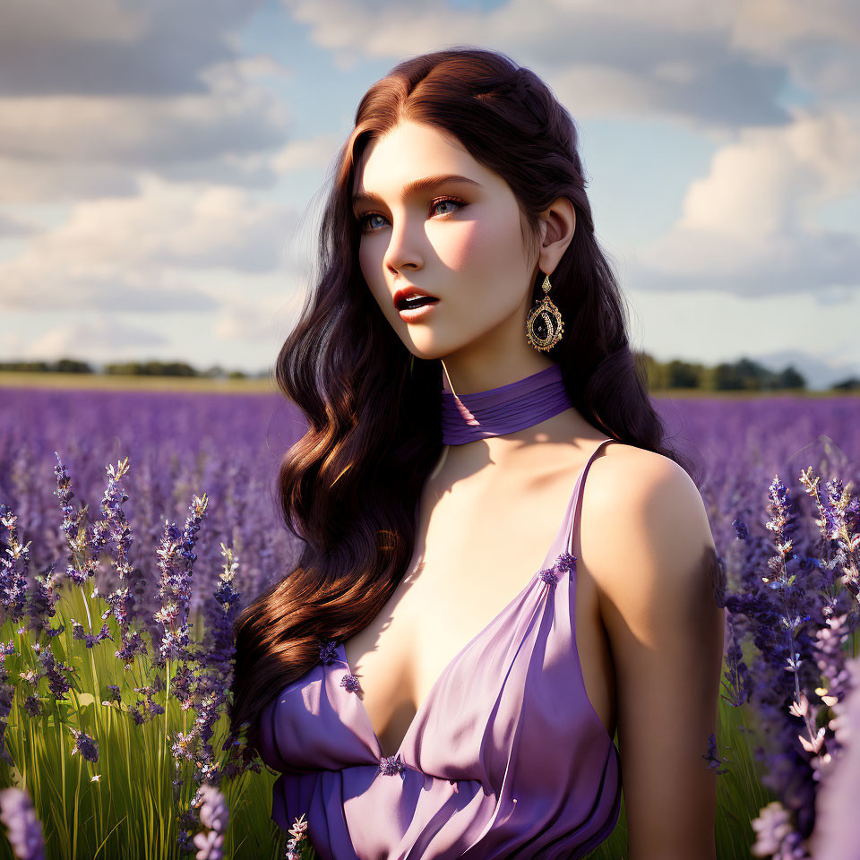 Digital rendering of woman with long brown hair in lavender dress, sitting in purple flower field under cloudy sky
