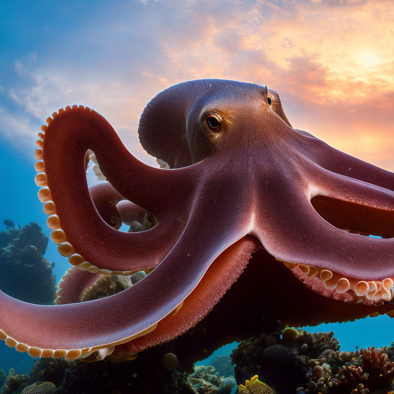Octopus Floating Above Coral Reef in Sunlit Ocean