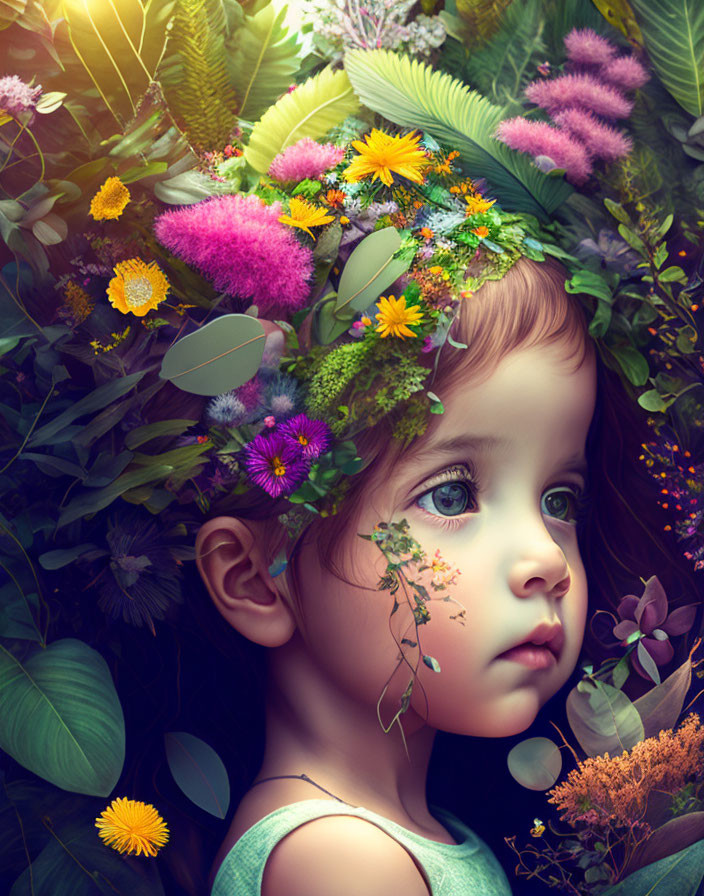 Young girl with floral crown in lush greenery and vibrant flowers