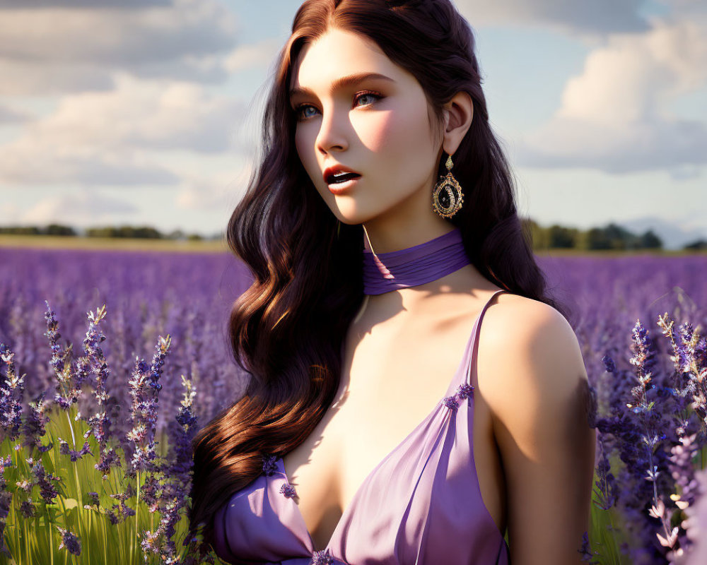 Digital rendering of woman with long brown hair in lavender dress, sitting in purple flower field under cloudy sky