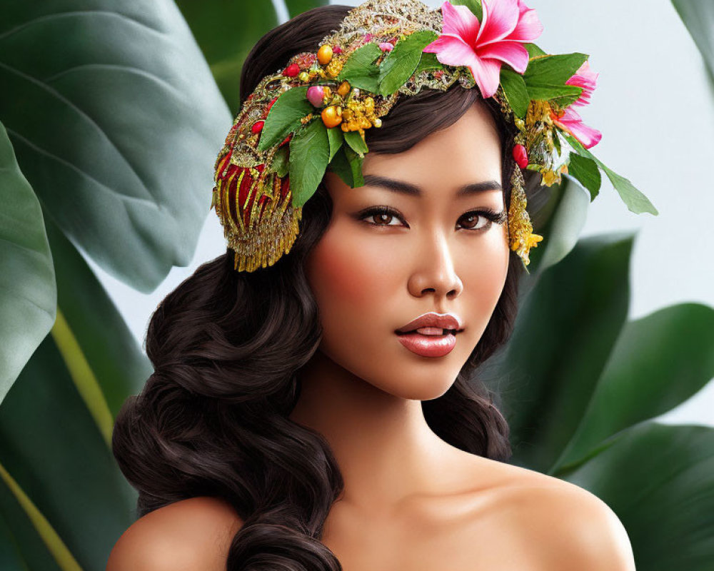 Floral headpiece on woman with green leaf backdrop
