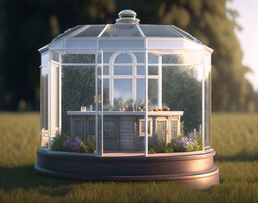 Circular Glass Greenhouse with Wooden Base and Gardening Tools in Sunlight