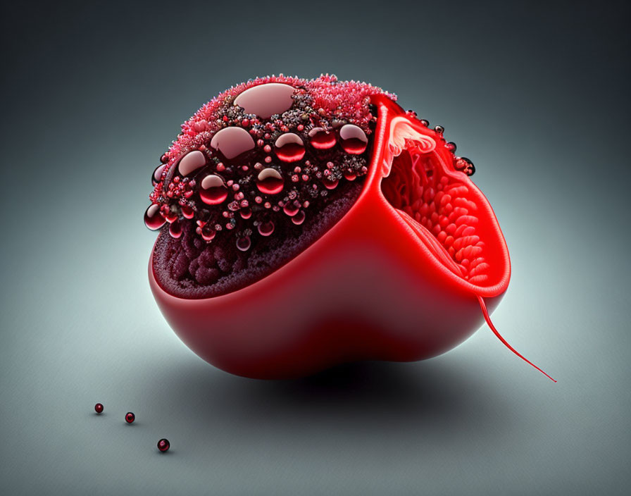 Stylized red pomegranate half with glistening droplets on arils against gray background