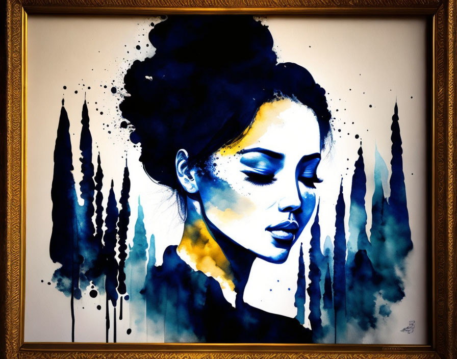 Woman's portrait with blue and black watercolor effects in ornate gold frame