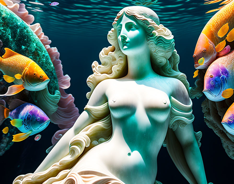Colorful Underwater Scene with Mermaid-Like Figure, Fish, and Coral
