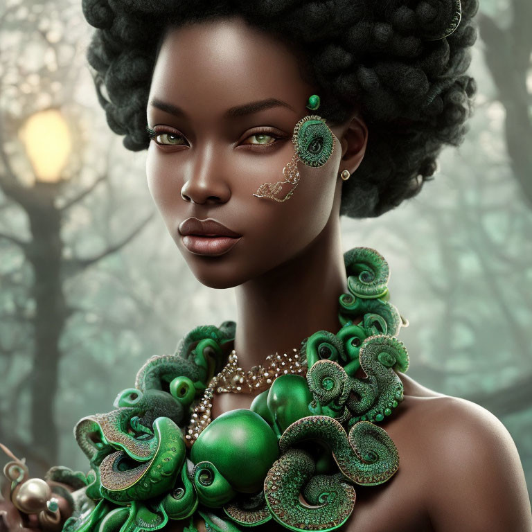 Illustration of woman with green eyes in serpent-themed jewelry against forest backdrop