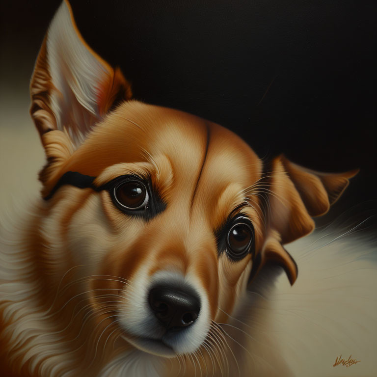 Realistic Painting of Corgi with Soulful Eyes and Shadowy Mystery