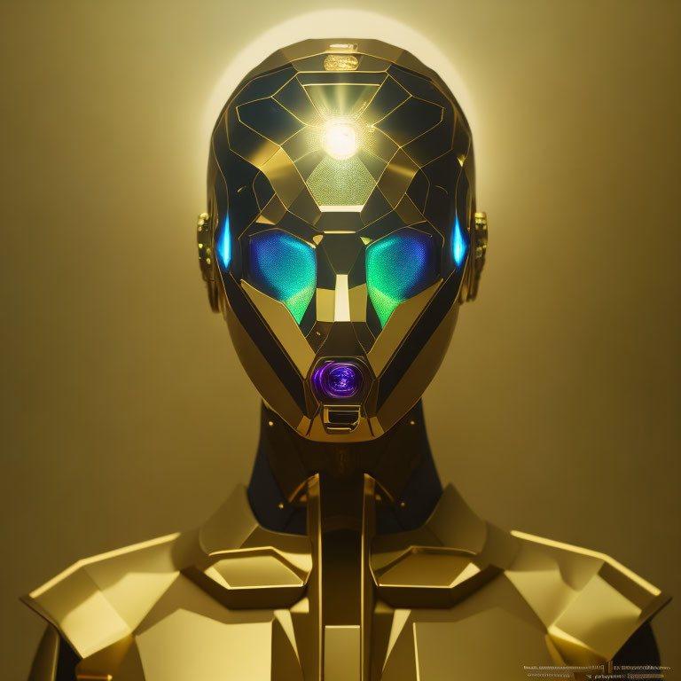 Golden robotic head with geometric patterns and green-lit eyes.